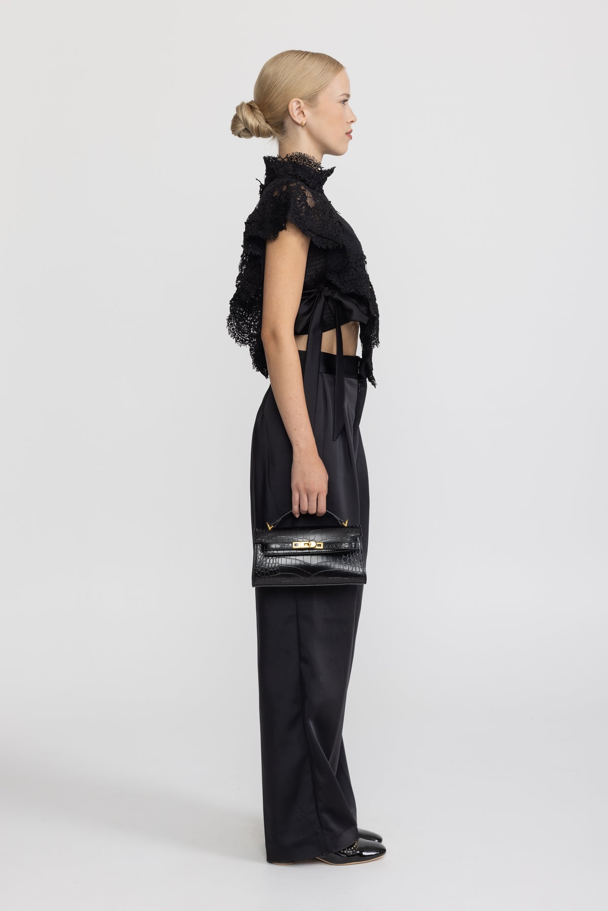 Sheer Lace Ruffle Mock Neck Top - Black
