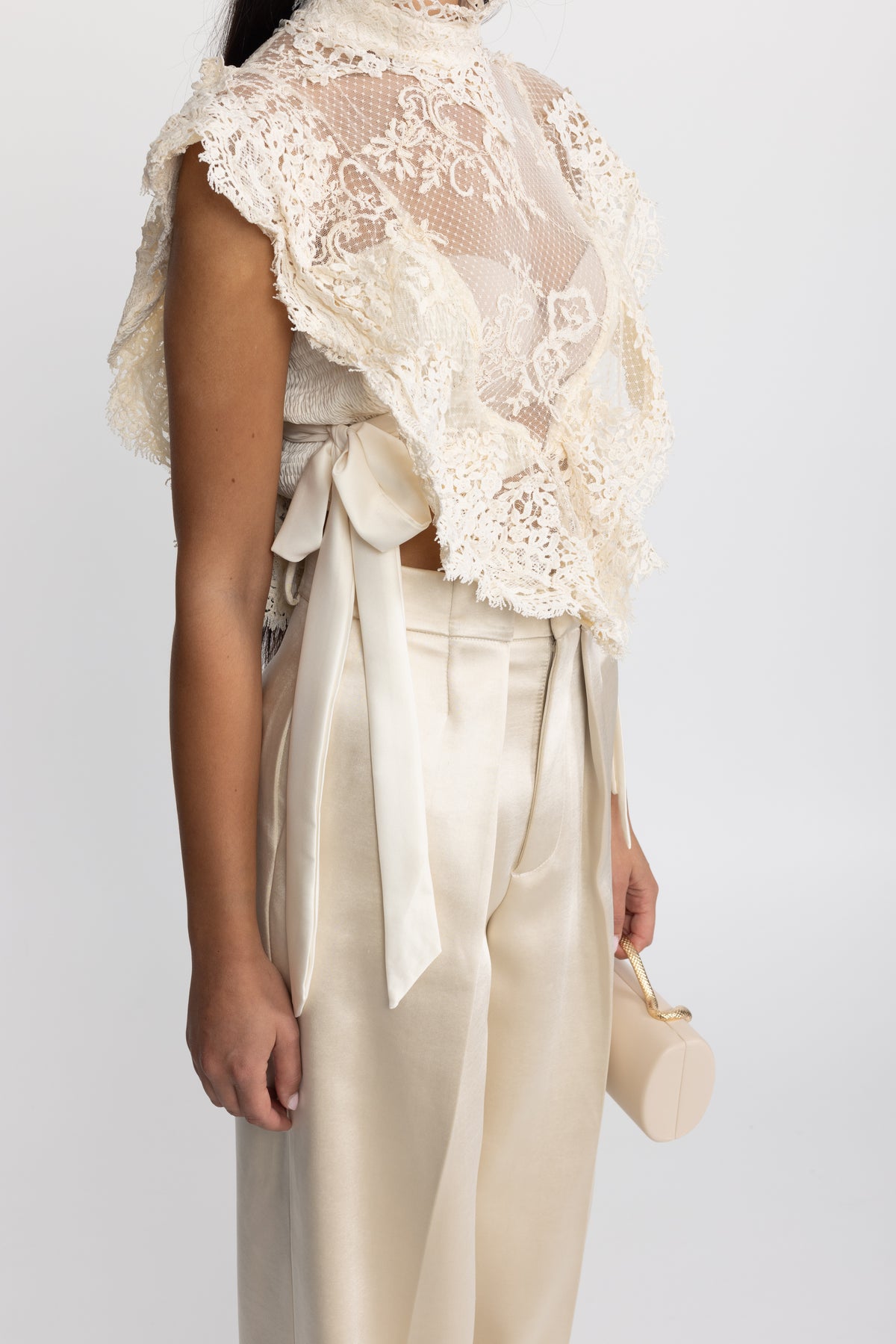 Sheer Lace Ruffle Mock Neck Top - Ivoire