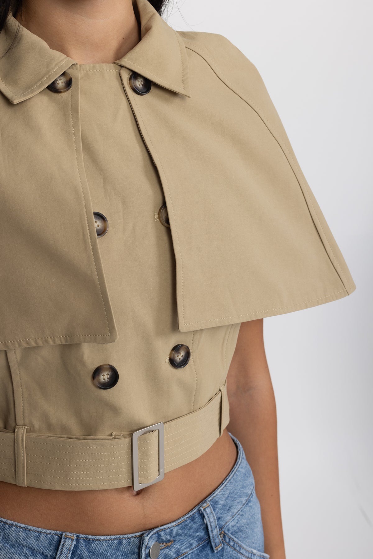 Cropped Trench Cape Top with Belt - Khaki
