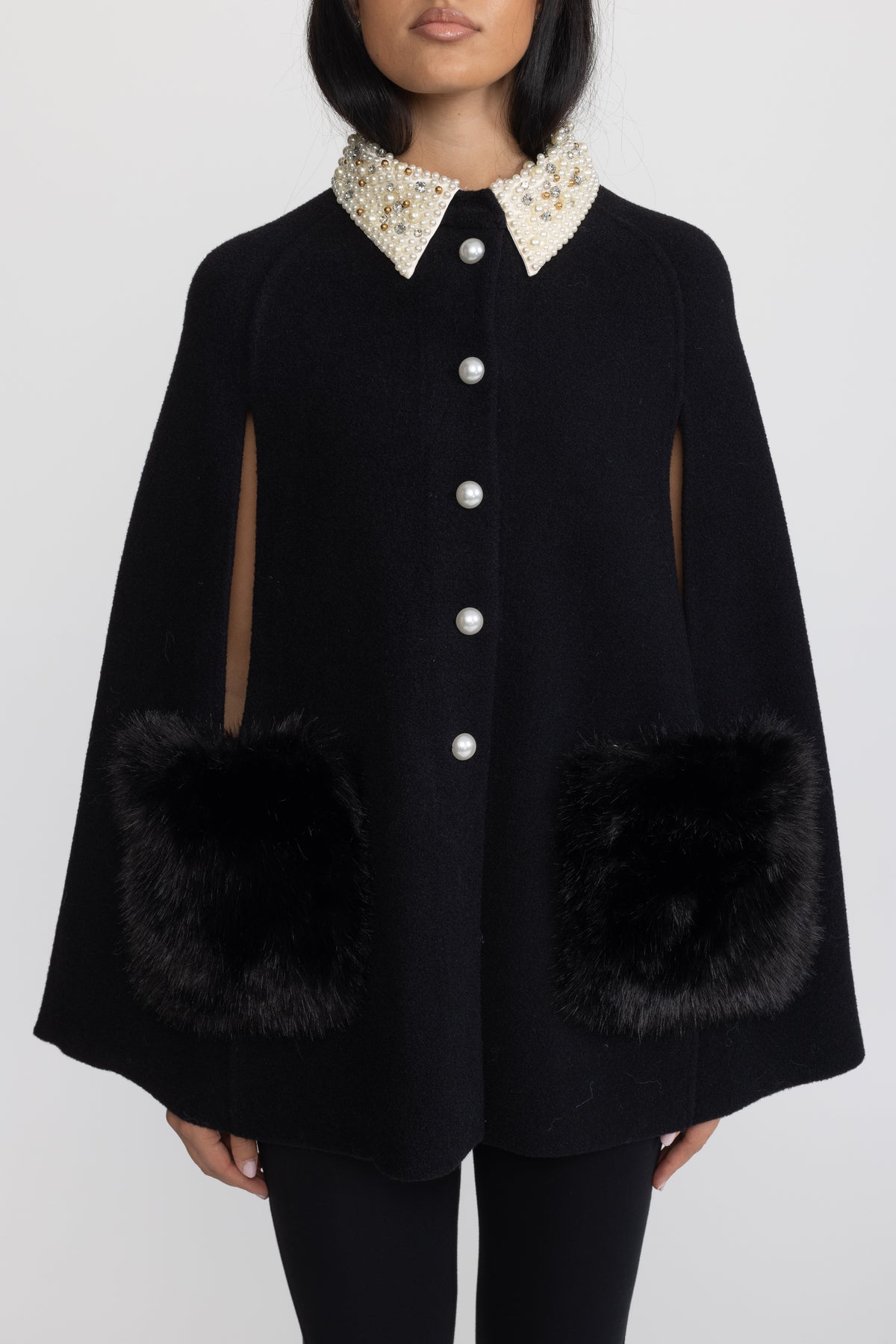 Pearl Embellished Collar Cape with Faux Fur Pockets - Black