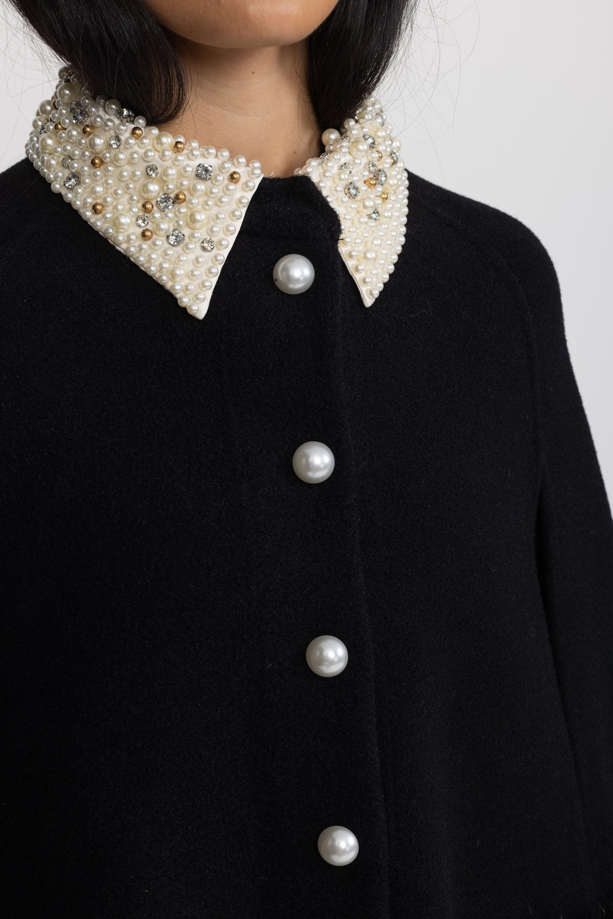 Pearl Embellished Collar Cape with Faux Fur Pockets - Black