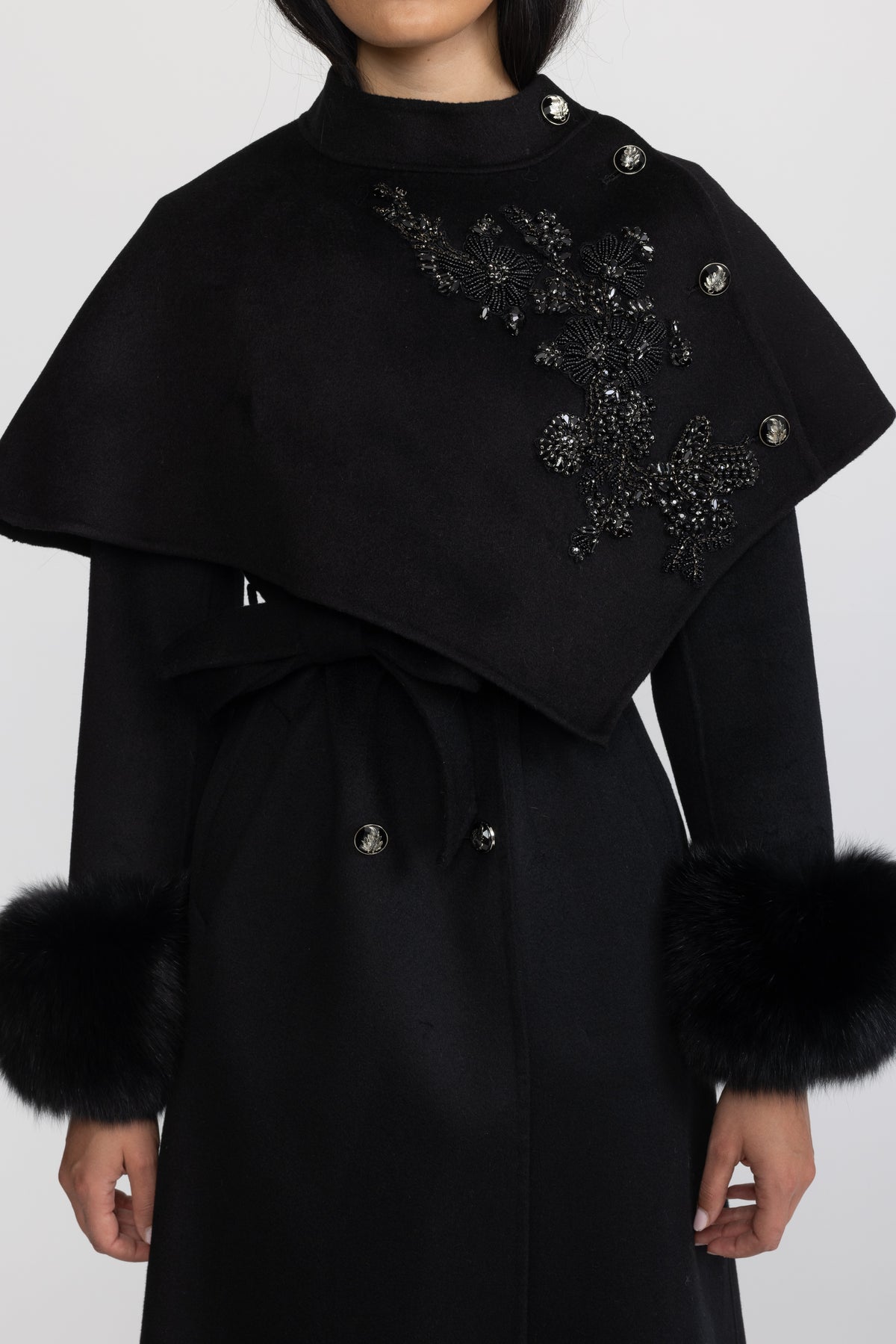 Embellished Capelet Wool Coat with Fox Fur Cuffs - Black