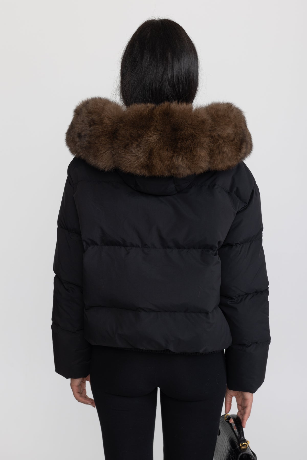 Fox Fur Hood Cropped Down Puffer Jacket - Black