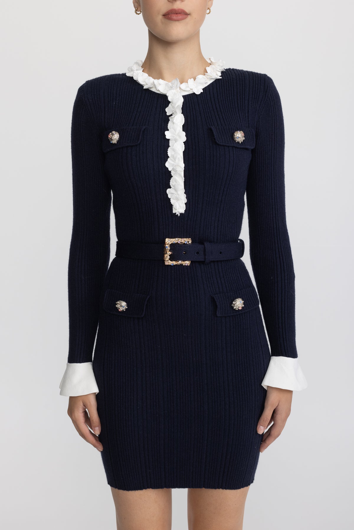 Floral Ruffle Rib Knit Belted Mini Dress - Navy