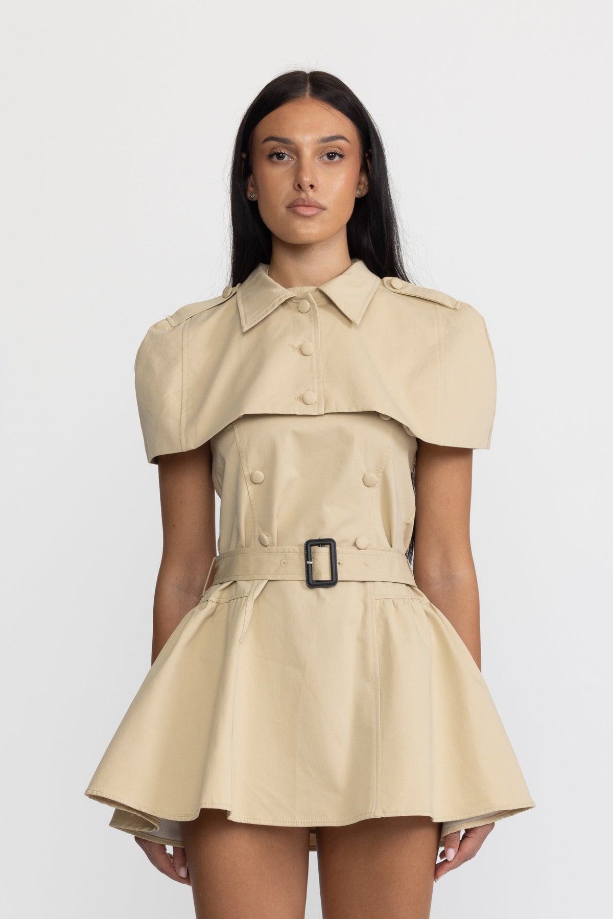 Halter Trench Mini Dress with Detachable Capelet - Khaki