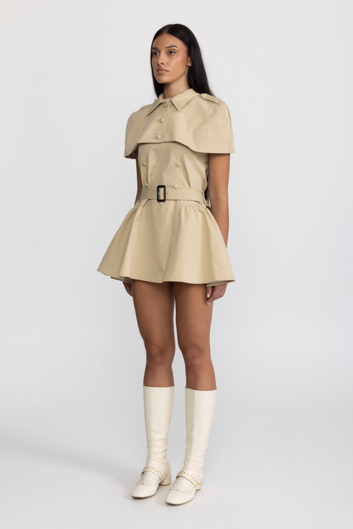 Halter Trench Mini Dress with Detachable Capelet - Khaki