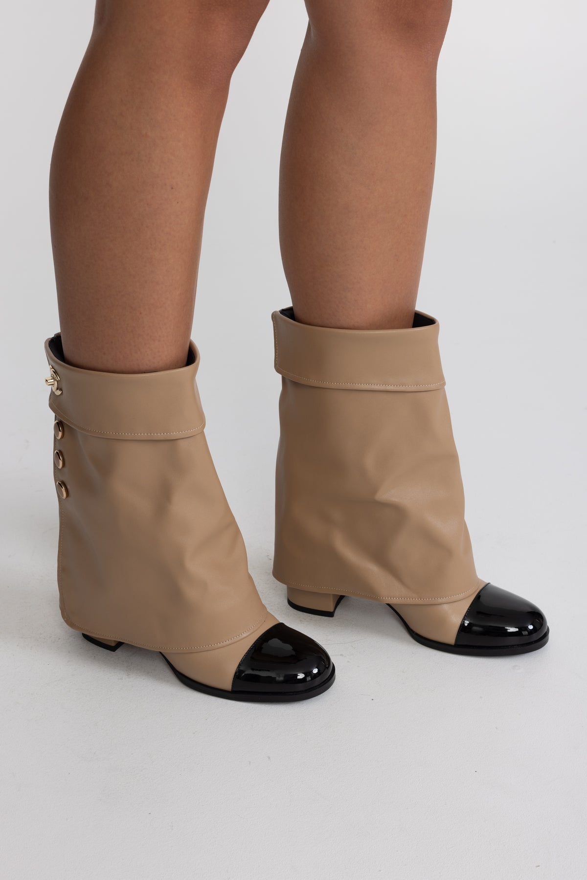 Fold-Over Cap Toe Block Heel Boots - Beige