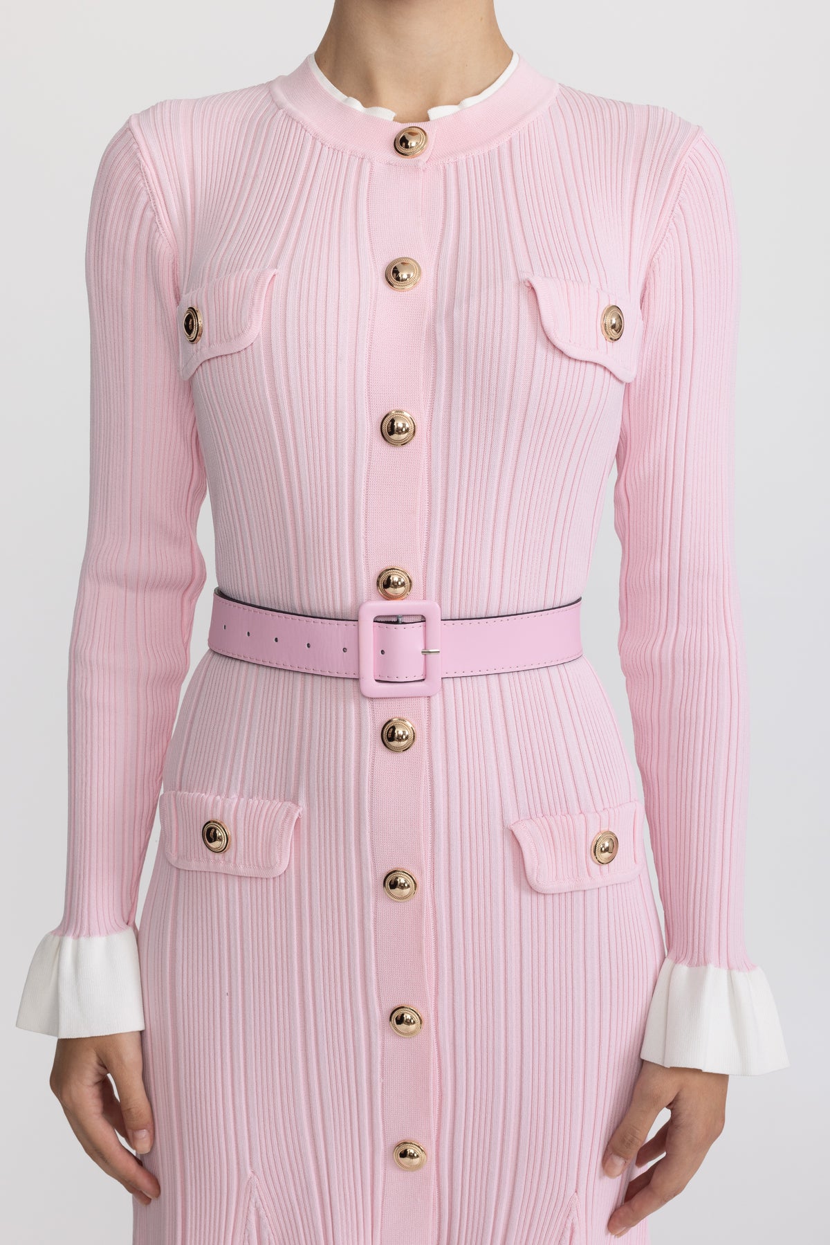 Belted Rib Knit Button-Front Midi Dress - Pink