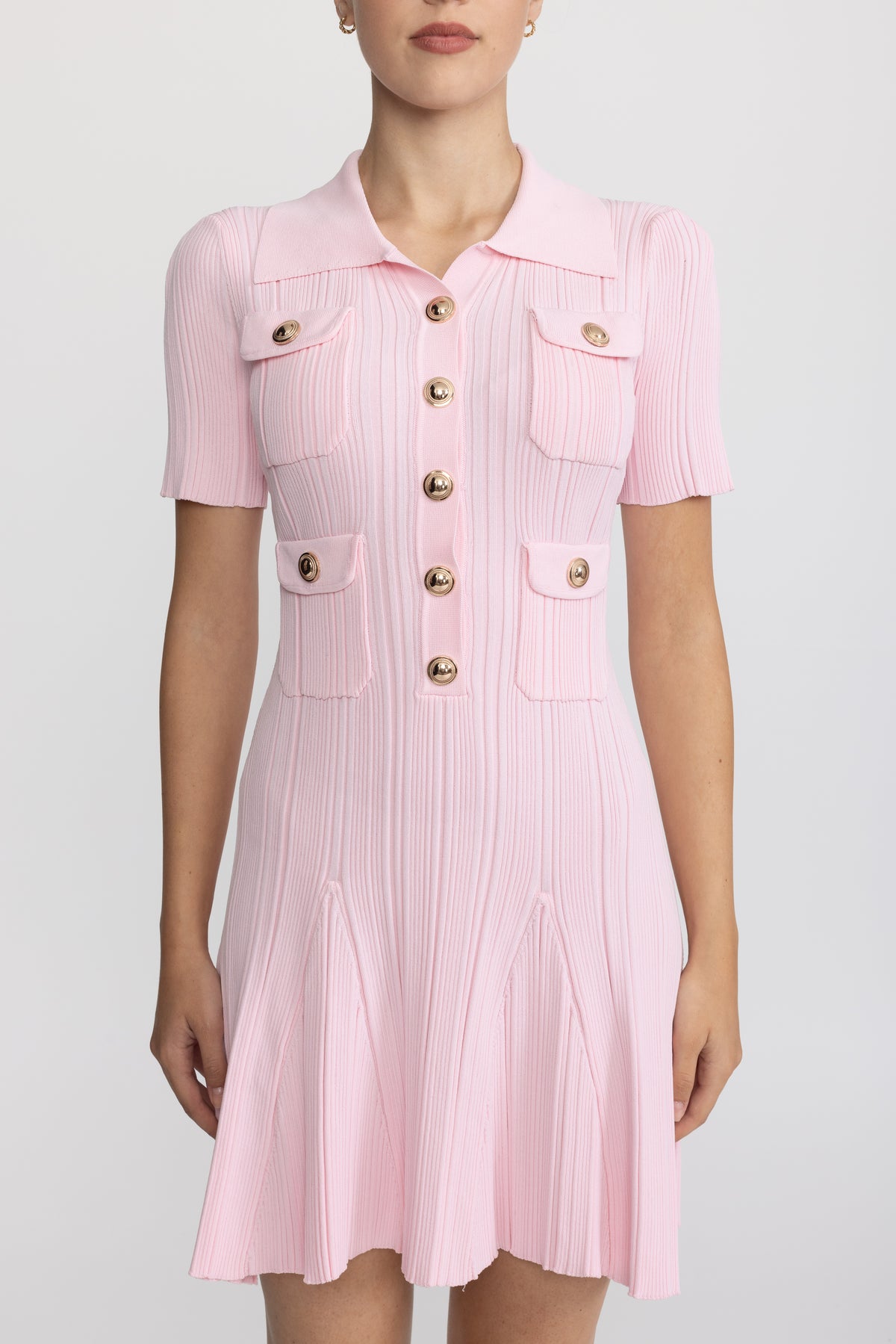 Polo Collar Rib Knit Mini Dress with Gold Buttons - Pink