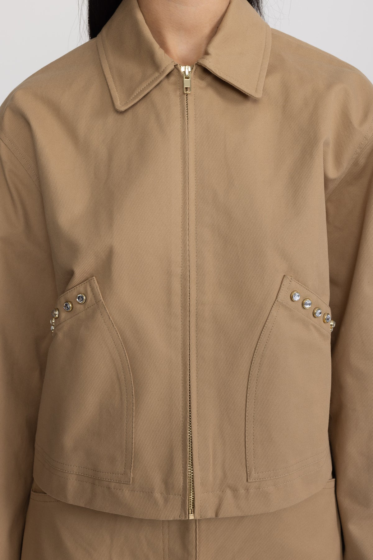 Crystal Stud Cropped Canvas Zip Jacket - Khaki