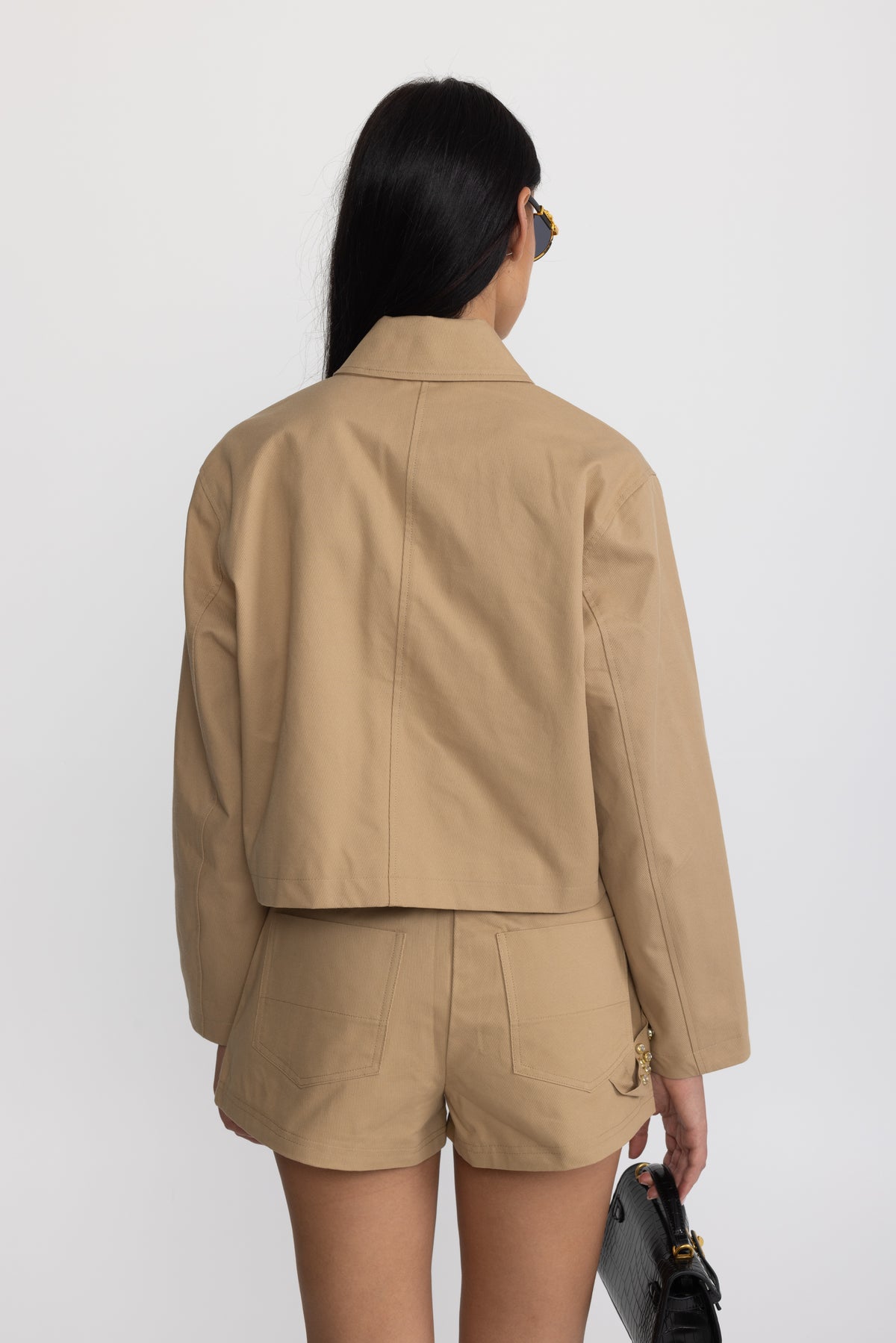 High-Waisted Studded Panel Twill Shorts - Khaki