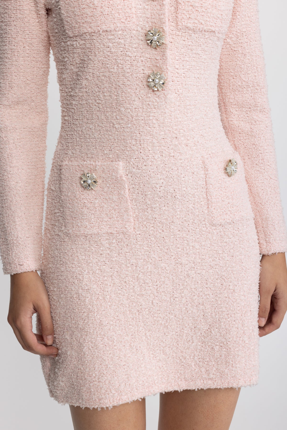 Crystal Embellished Bouclé Knit Mini Dress - Pink