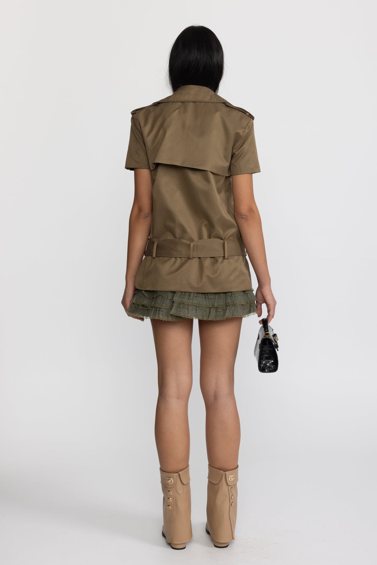 Trench Top and Ruffle Hem Mini Skirt Co-ord Set - Olive