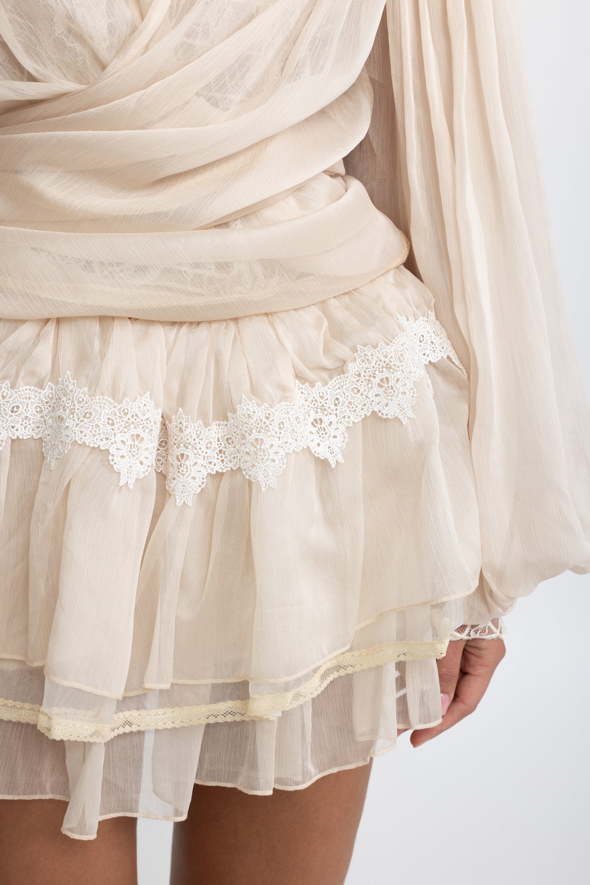 Lace Inset Chiffon Wrap Blouse and Ruffle Mini Skirt Co-ord Set - Beige