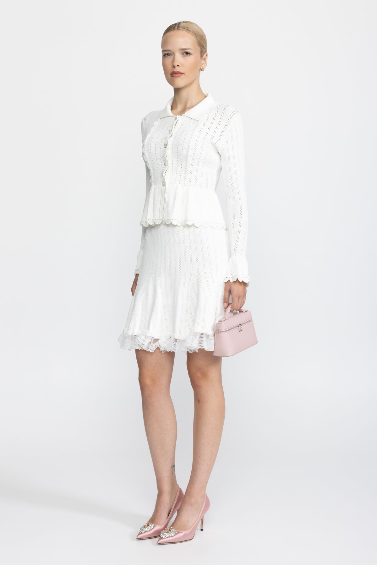 Pointelle Knit Peplum Cardigan and Lace Hem Skirt Co-ord Set - White