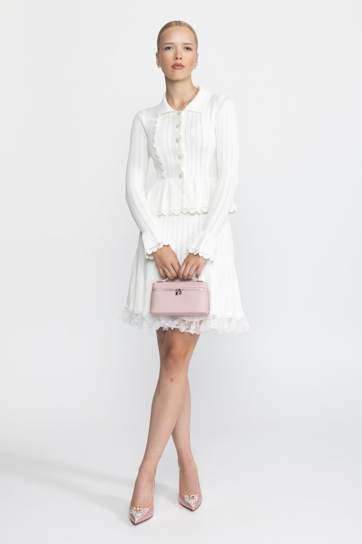 Pointelle Knit Peplum Cardigan and Lace Hem Skirt Co-ord Set - White