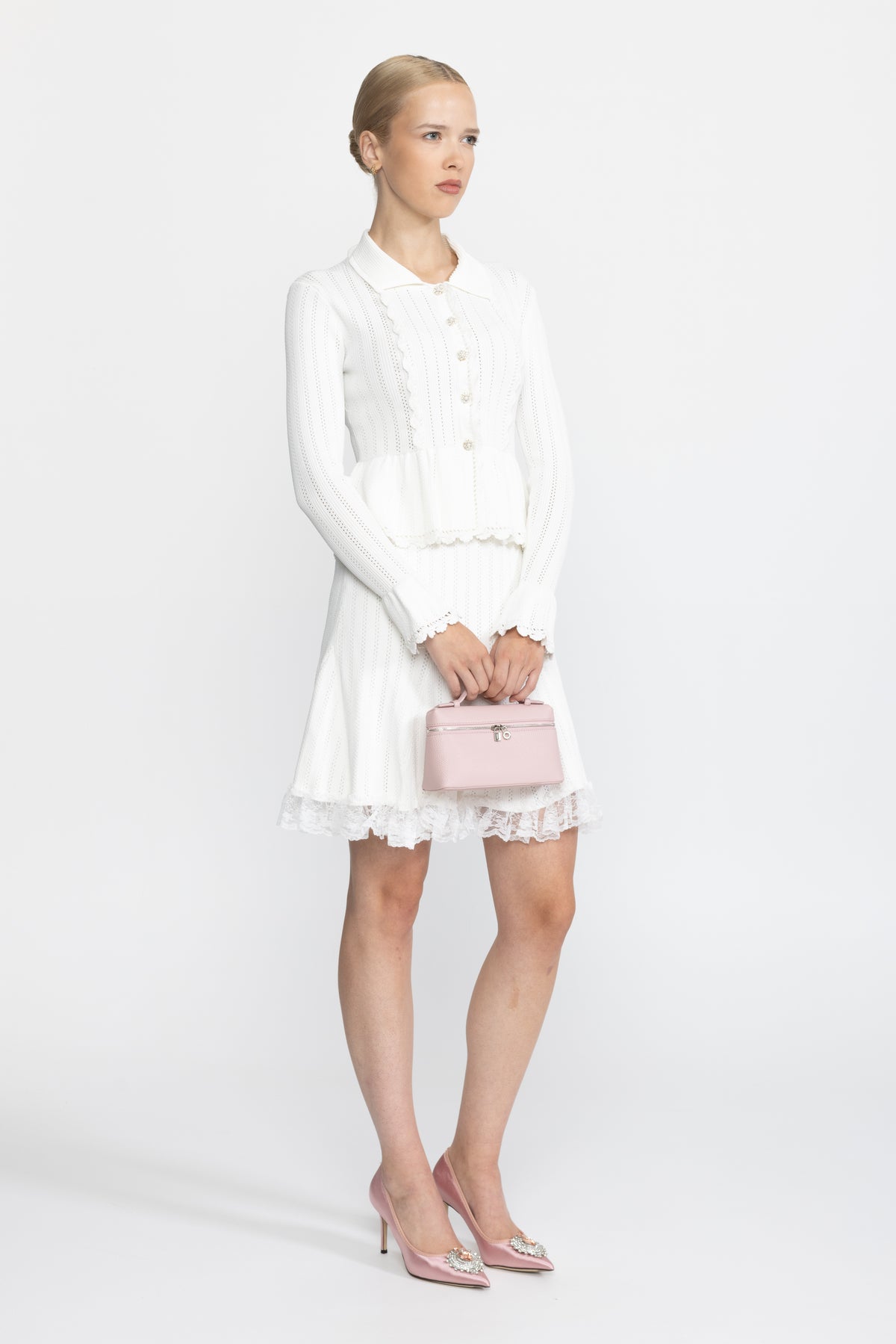 Pointelle Knit Peplum Cardigan and Lace Hem Skirt Co-ord Set - White
