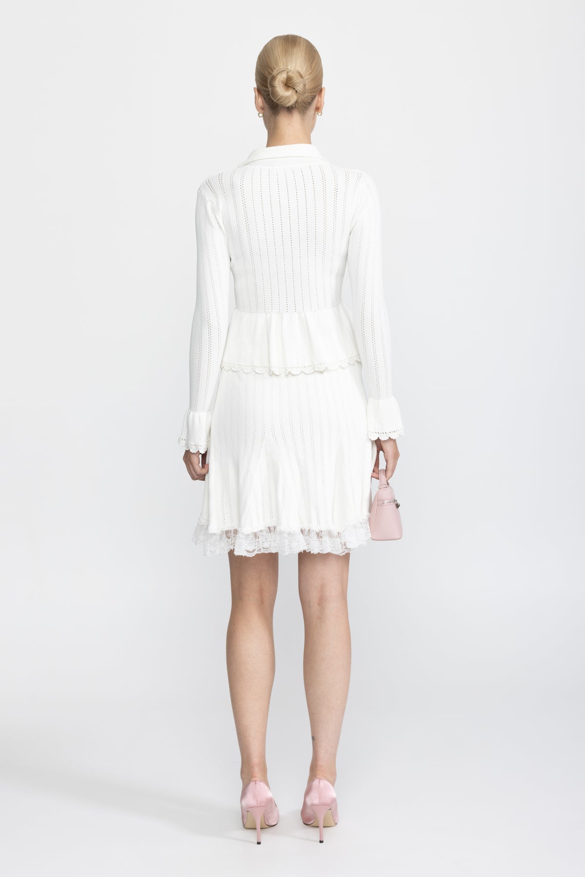 Pointelle Knit Peplum Cardigan and Lace Hem Skirt Co-ord Set - White