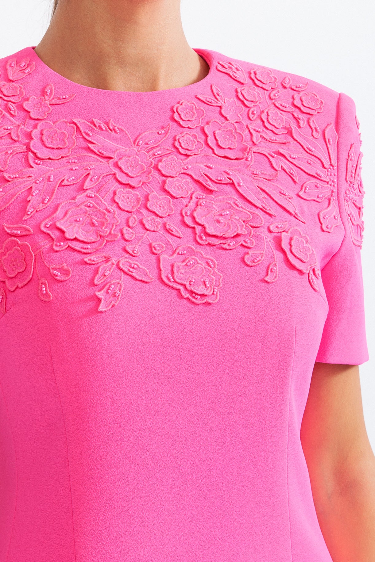 Short Sleeve Embroidered Dress with 3D Flowers - Fuchsia
