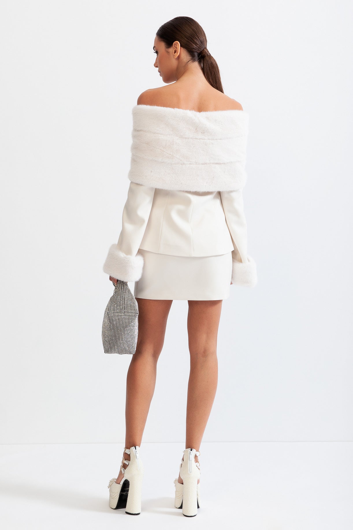 Off The Shoulder Co-Ord with Faux Fur - White