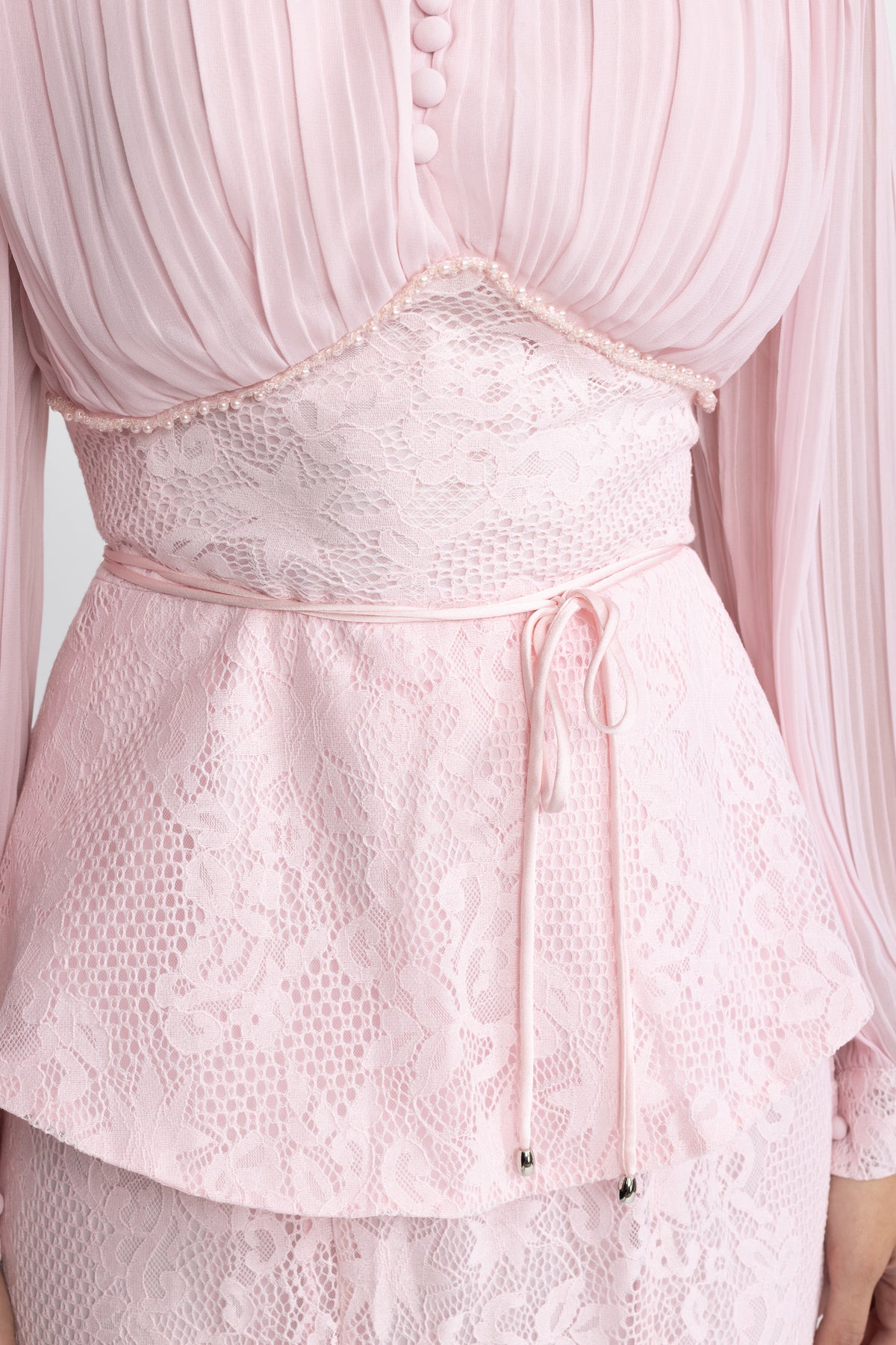 Pleated Chiffon Lace Peplum Blouse and Maxi Skirt Set - Pink