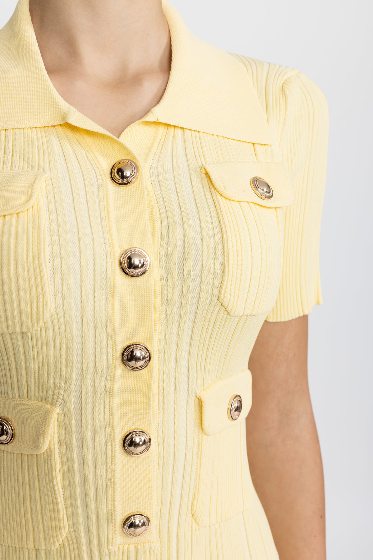 Polo Collar Rib Knit Mini Dress with Gold Buttons - Yellow