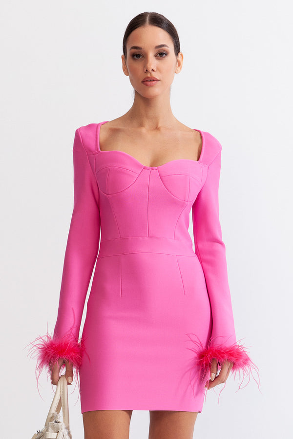 Long Sleeve Fur Mini Dress - Fuchsia