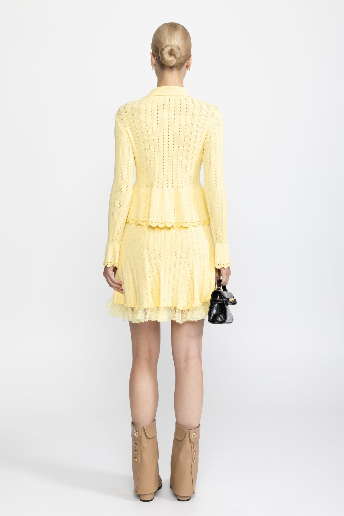 Pointelle Knit Peplum Cardigan and Lace Hem Skirt Co-ord Set - Yellow