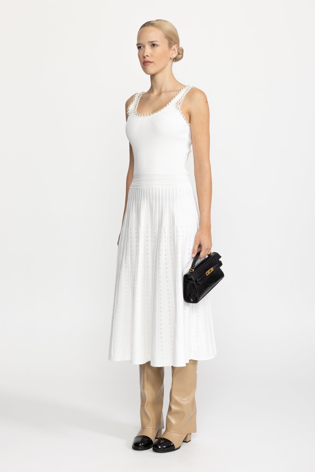 Pearl Trim Knit Tank Midi Dress and Bolero Set - White