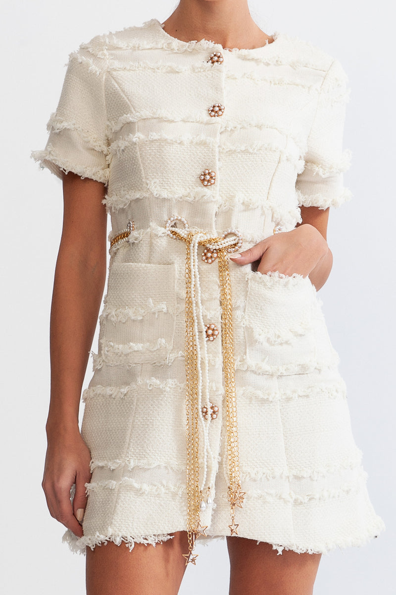 Pearl Chain Tweed Dress - Beige