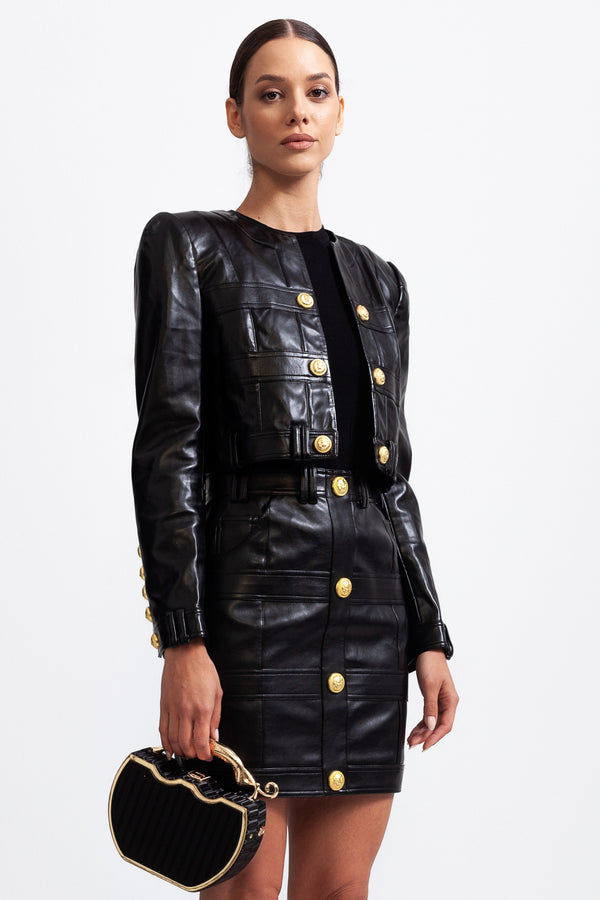 Vegan Leather Co-ord with Golden Buttons - Black