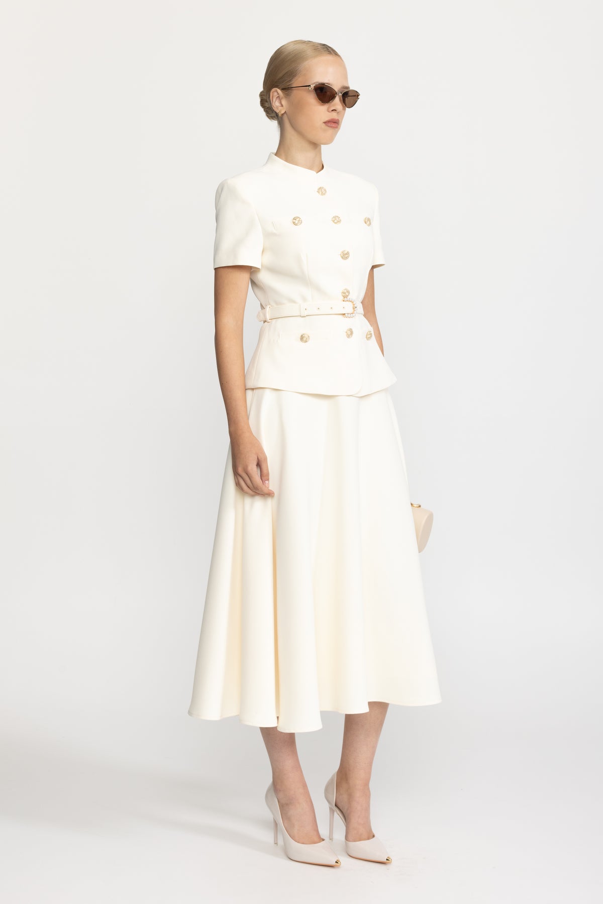 Belted Button Jacket and A-Line Midi Skirt Co-ord Set - Ivoire