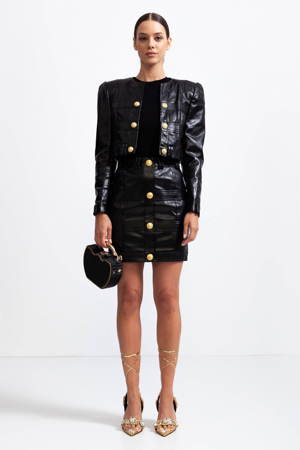Vegan Leather Co-ord with Golden Buttons - Black