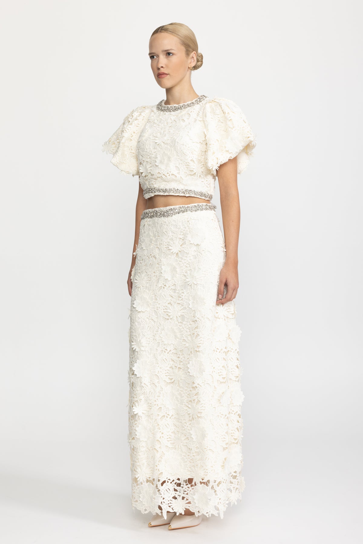 Crystal Trim Guipure Lace Crop Top and Maxi Skirt Co-ord Set - Ivoire