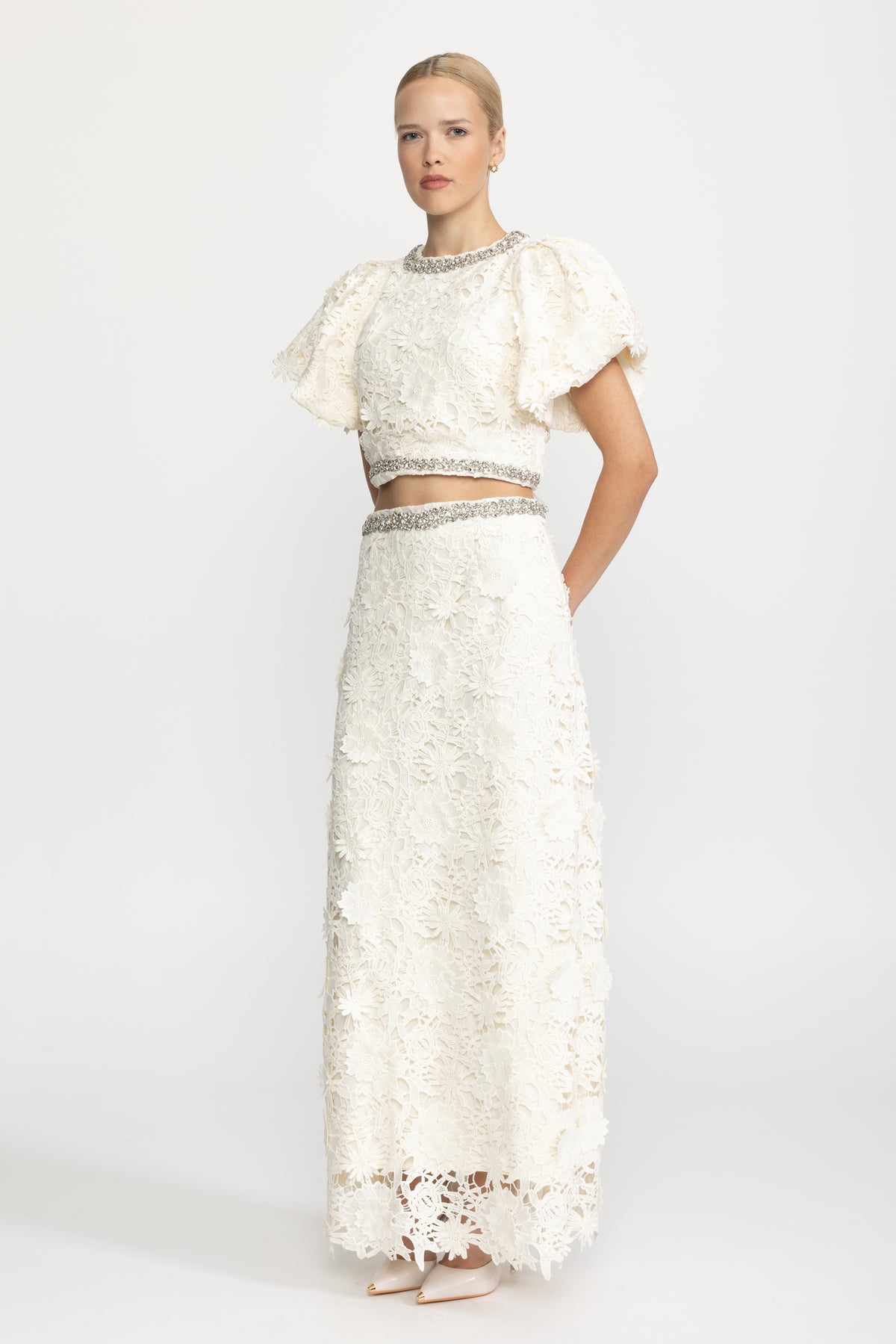 Crystal Trim Guipure Lace Crop Top and Maxi Skirt Co-ord Set - Ivoire