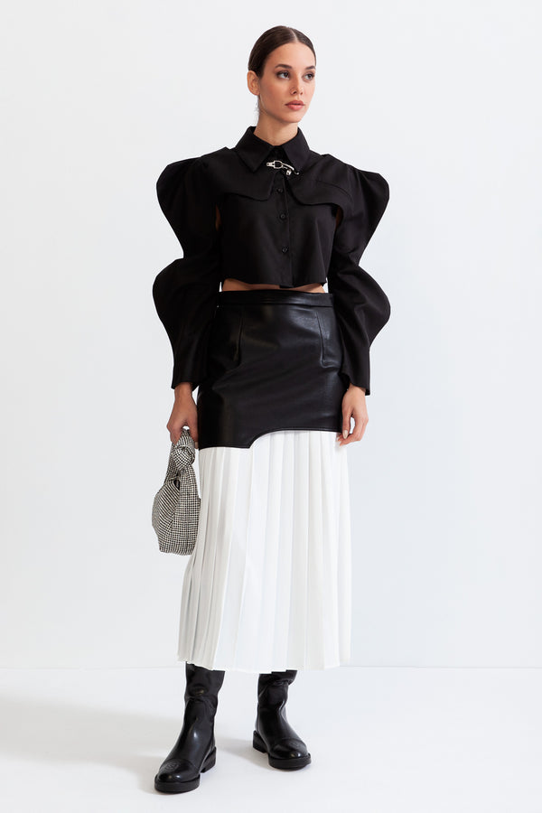 Pleated midi skirt with leather effect - B&W