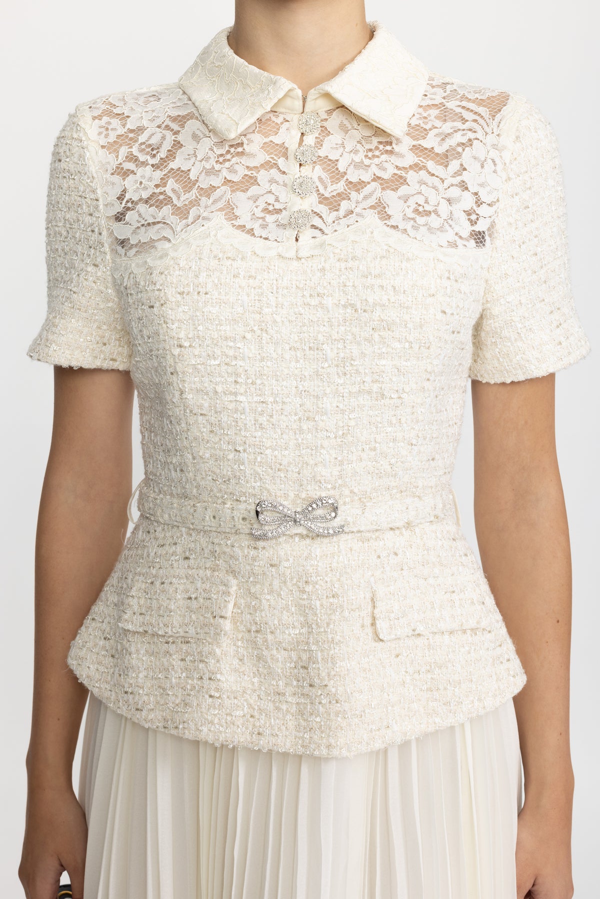 Lace Yoke Tweed Peplum Dress with Pleated Skirt - Ivoire