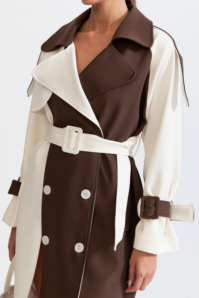 Bicolor Double Breasted Trench Coat - Cream&Brown