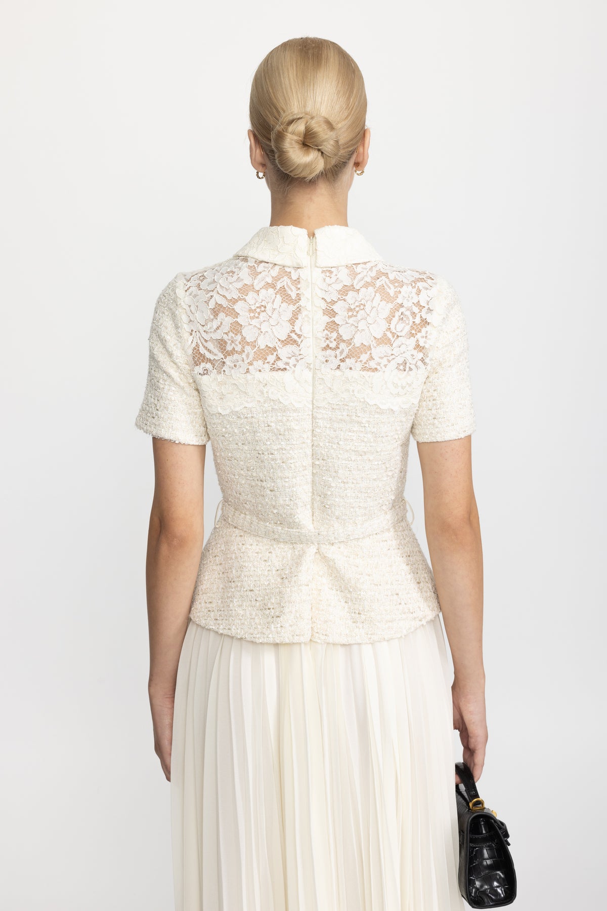 Lace Yoke Tweed Peplum Dress with Pleated Skirt - Ivoire