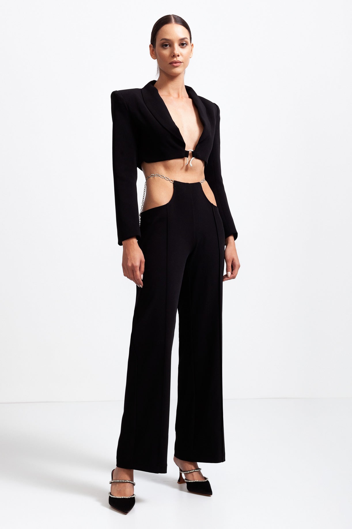 Short Blazer with Cutout Trousers and Silver Details - Black