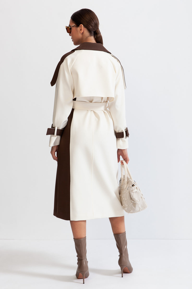 Bicolor Double Breasted Trench Coat - Cream&Brown