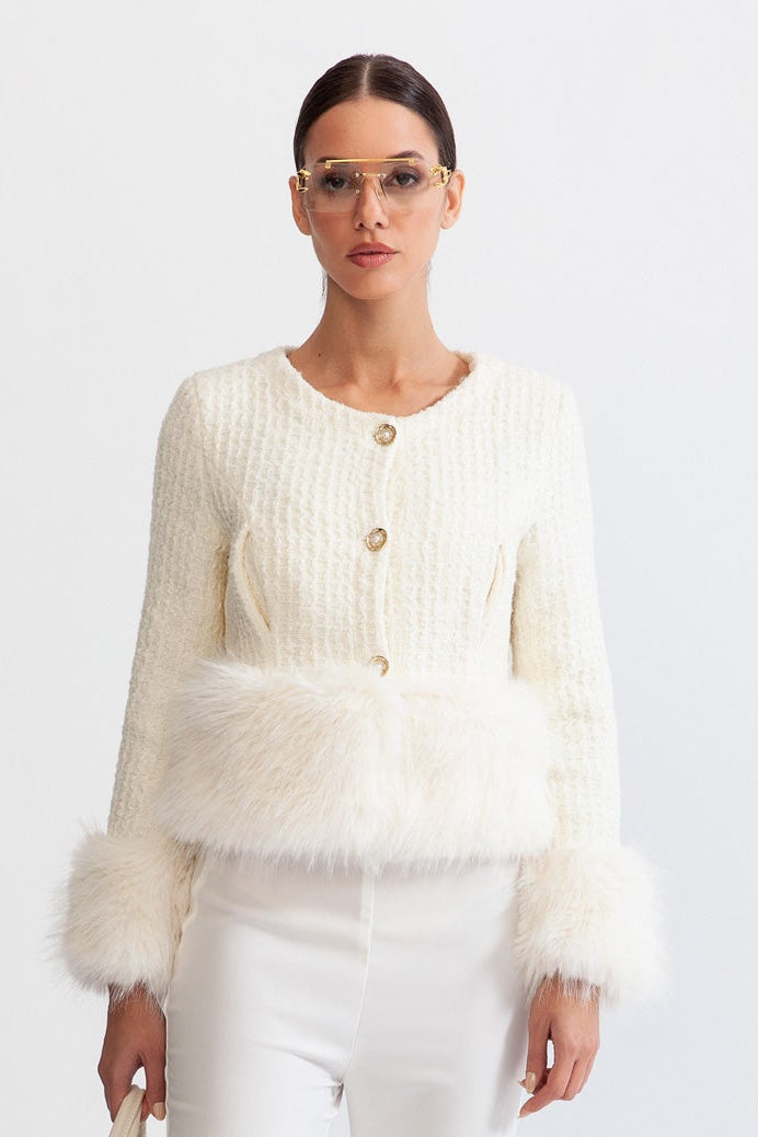 Faux Fur Coat with Wool Blend - White