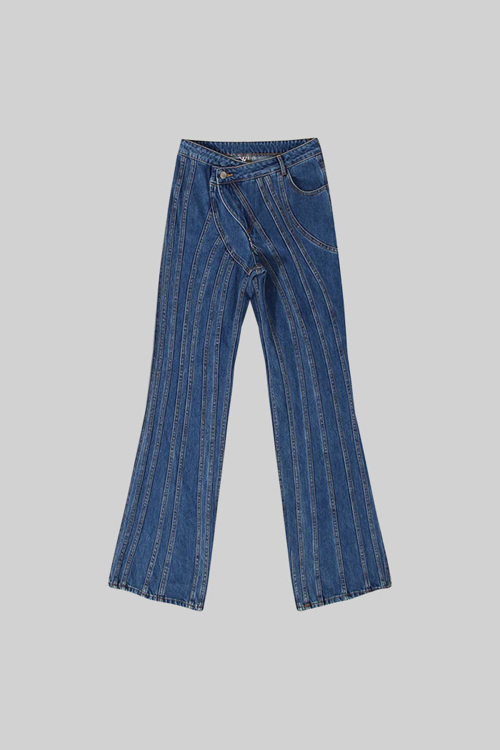 Wide Leg Jeans with Stitched Design - Blue