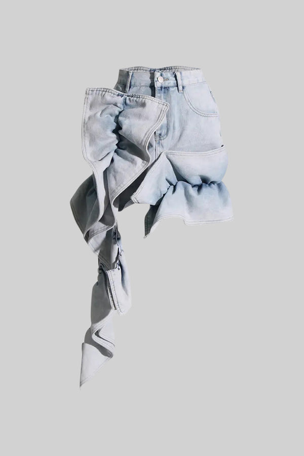 Denim Mini Skirt with Ruffles - Blue