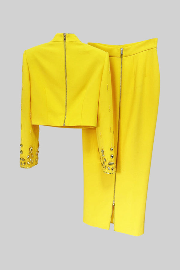 Diamond Embellished Co-Ord with Maxi Skirt - Yellow