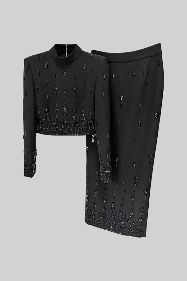 Diamond Embellished Co-Ord with Midi Skirt - Black