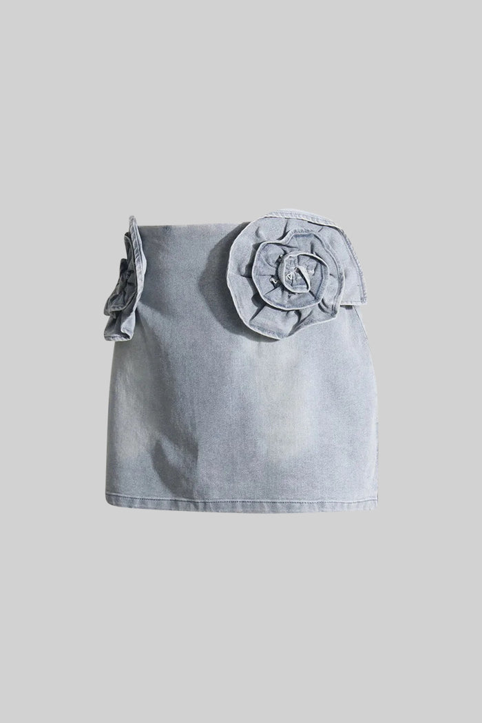Denim Mini Skirt with Flower Details - Blue