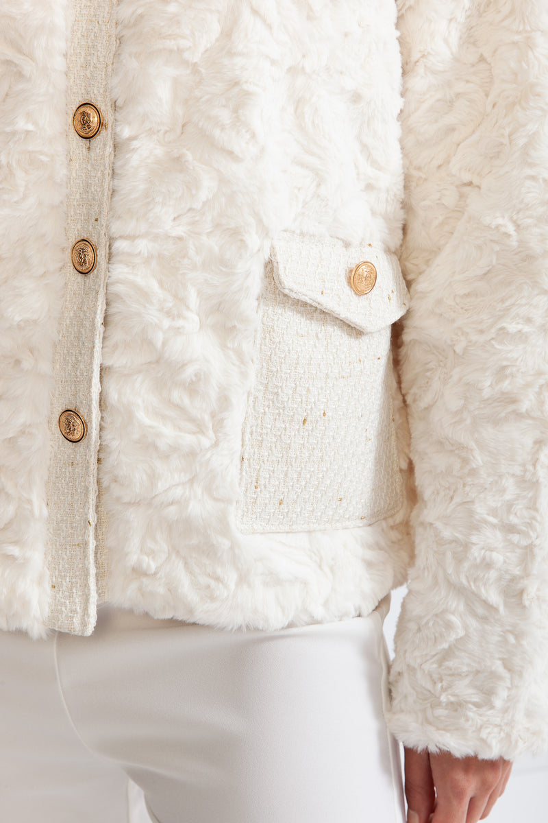 Fluffy Jacket with Gold Buttons - White
