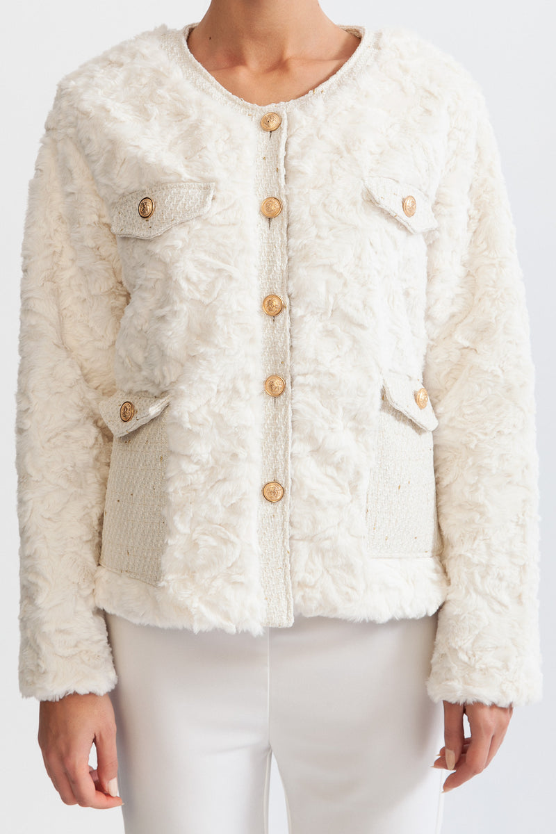 Fluffy Jacket with Gold Buttons - White