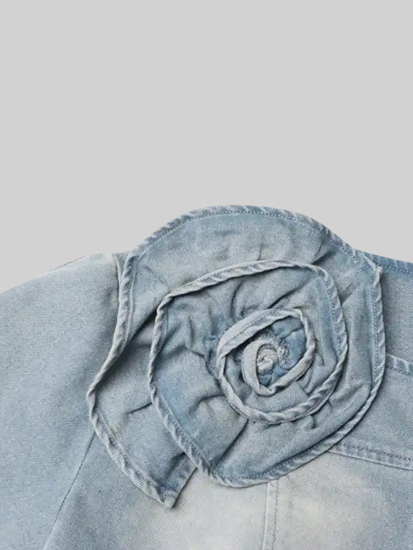 Denim Blazer with Flower Details - Blue